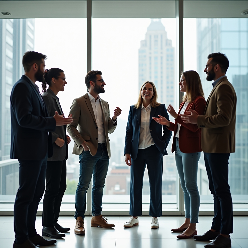 Gruppo di professionisti in cerchio di discussione in spazio aperto, posture coinvolte, diversità etnica e di genere