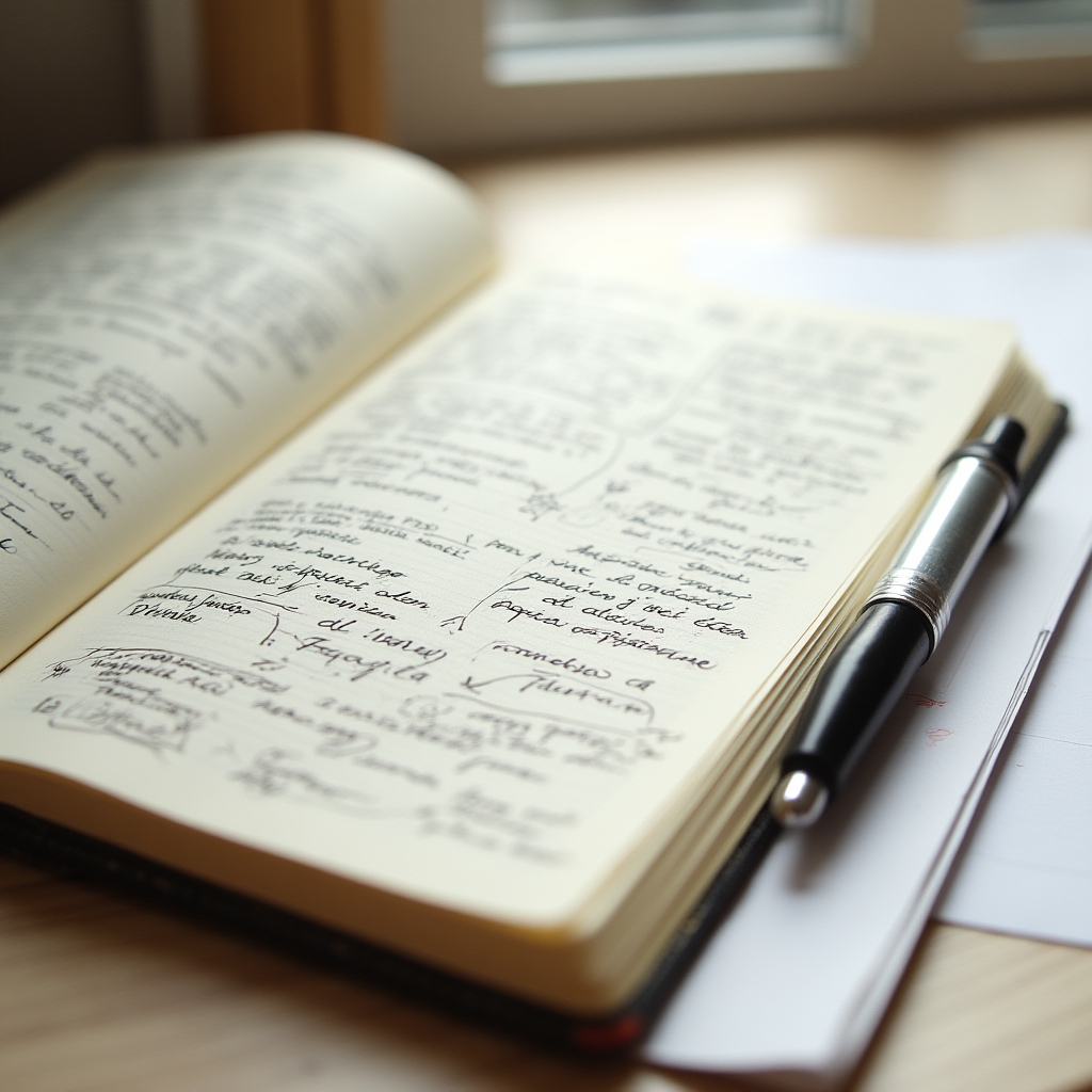 Notebook aperto con schizzi e appunti scritti a mano, penna accanto, sfondo scrivanie moderna