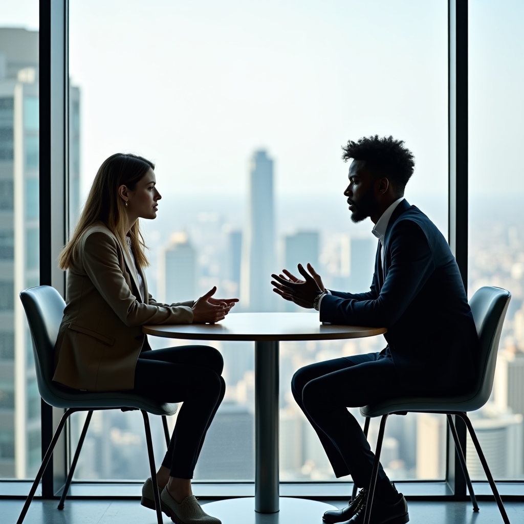 Due professionisti in conversazione seria ma aperta, linguaggio del corpo aperto, grande finestra con città sullo sfondo