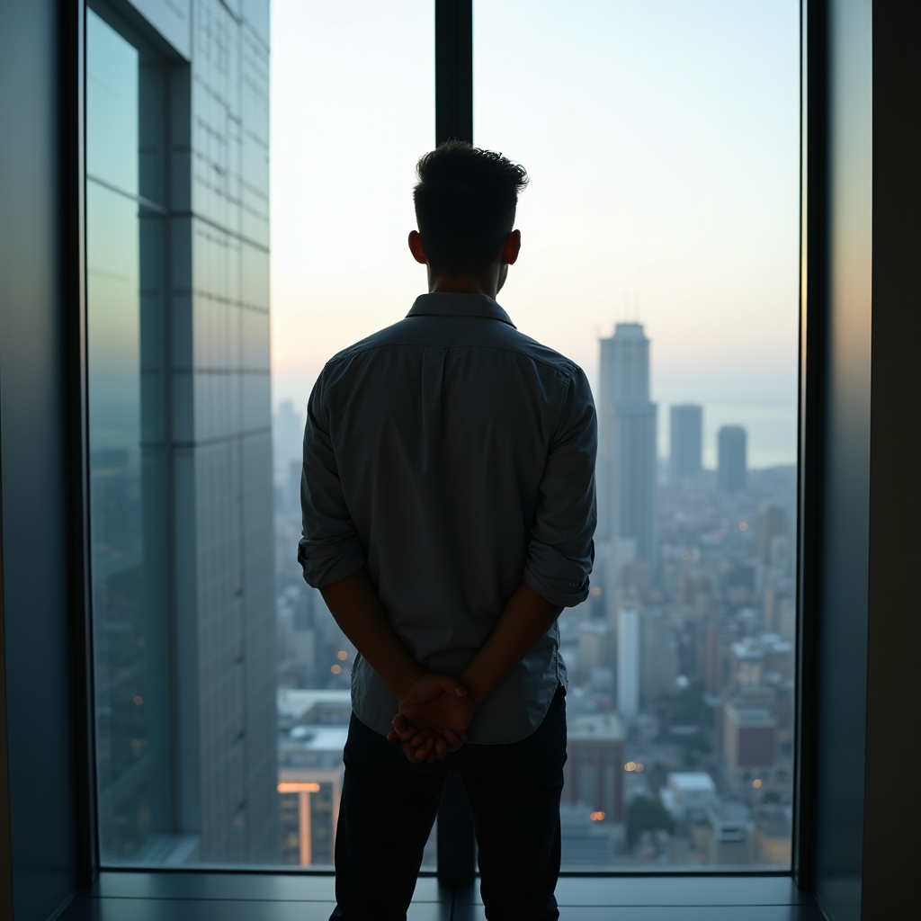 Professionista in pausa riflessiva alla finestra di un ufficio moderno con skyline urbano sullo sfondo