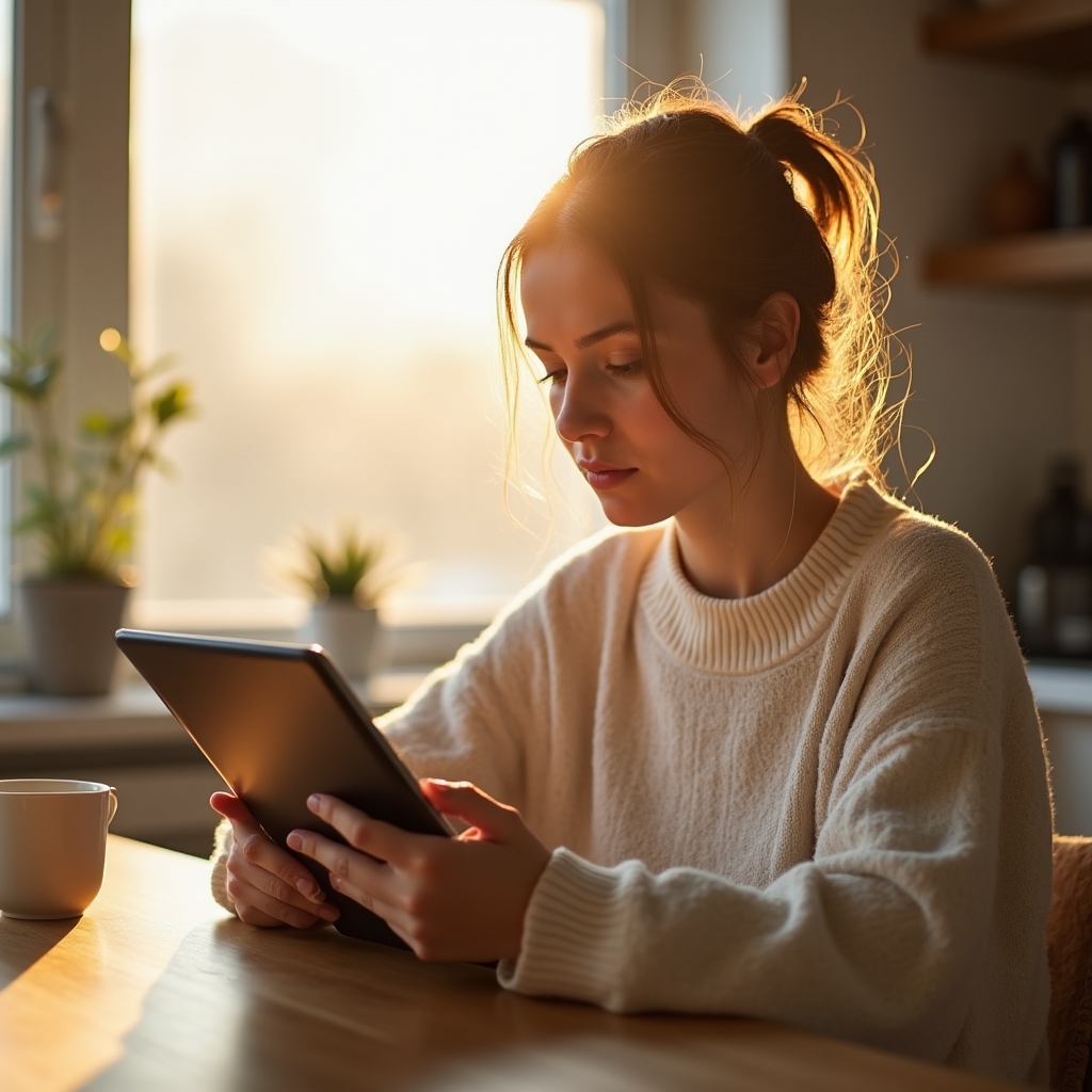 Persona che legge newsletter su tablet durante colazione mattutina, luce dorata, ambiente domestico moderno