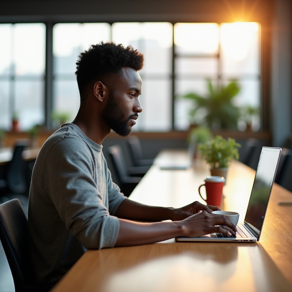 Persona giovane con laptop in ambiente di coworking moderno, concentrazione intensa, luce naturale laterale