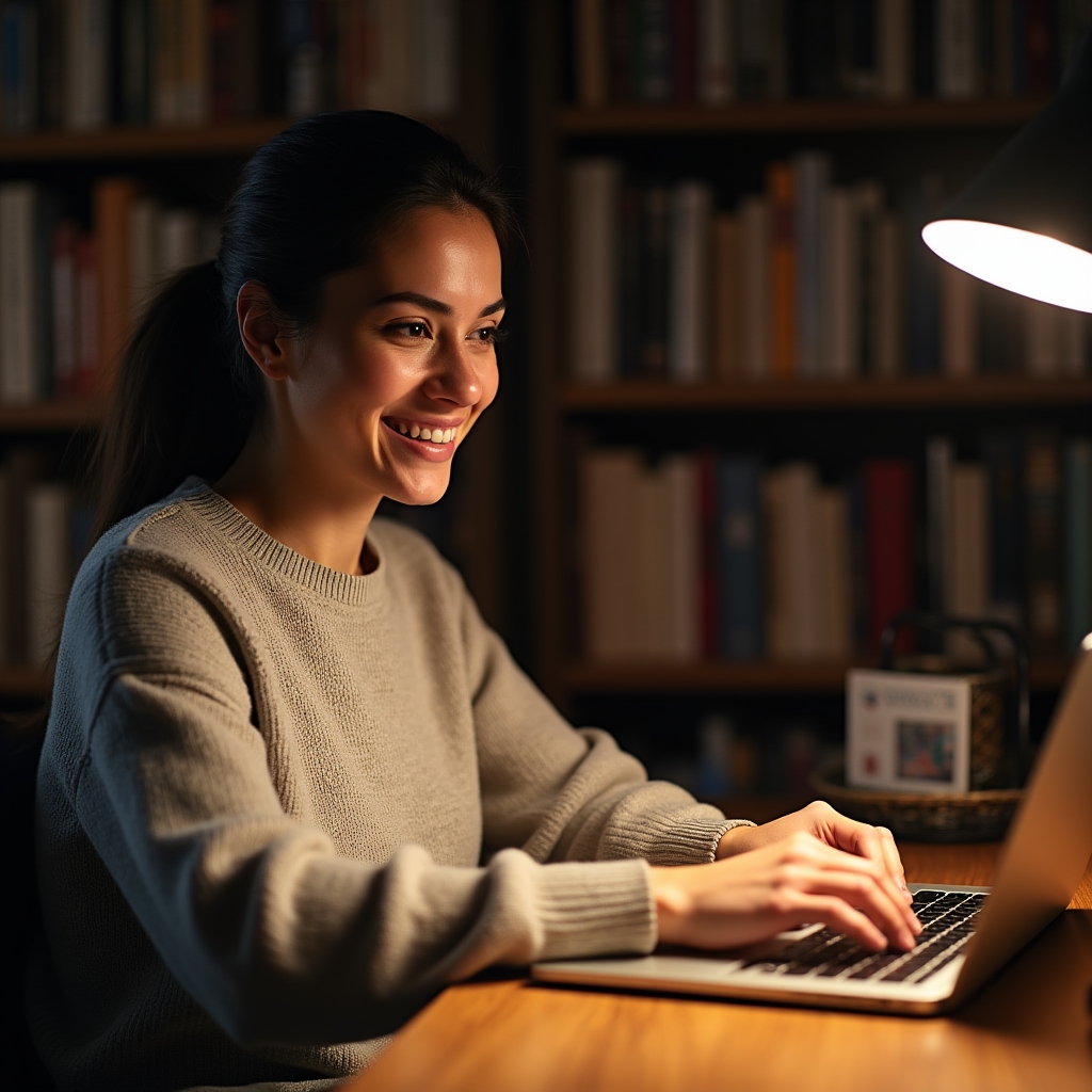 Persona che scrive concentrata su laptop in ufficio moderno con libreria sullo sfondo, luce calda laterale, postura riflessiva